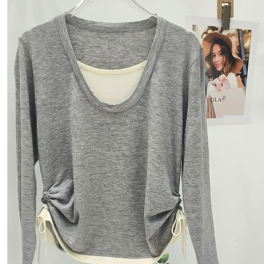 早秋大码休闲打底衫薄款软糯失序混搭显瘦针织时尚长袖上衣慵懒风