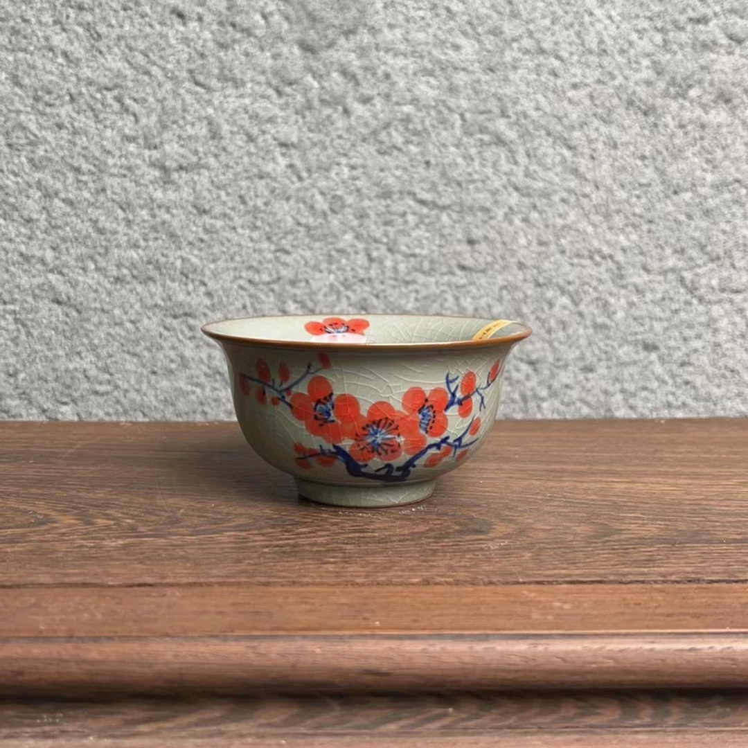 手工手绘梅花压手杯陶瓷主人杯景德镇青花瓷柴窑高端茶器老陶泥