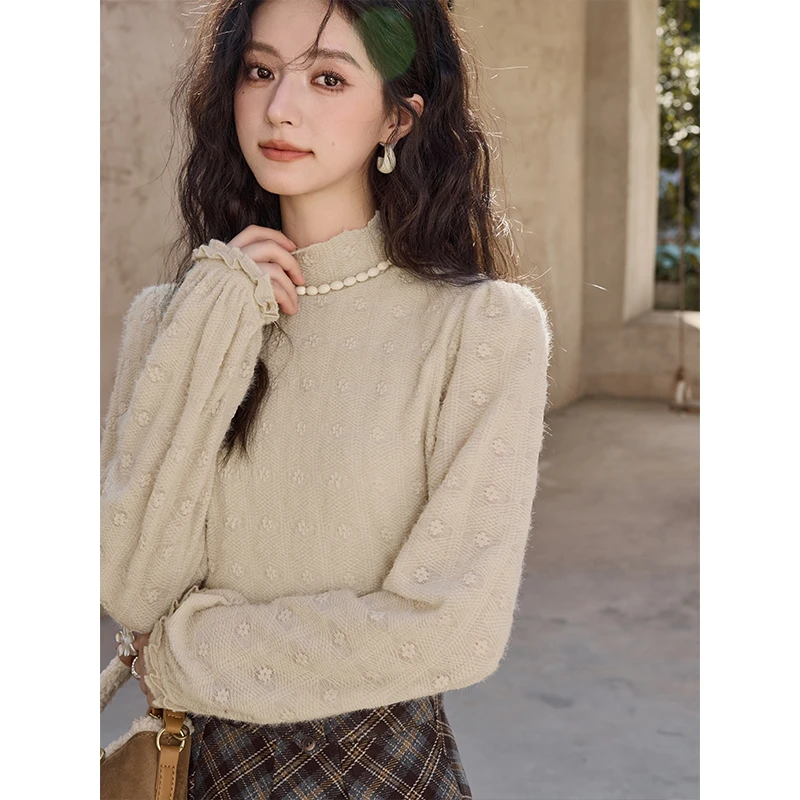 【专柜门店】谜秀杏色内搭蕾丝打底衫长袖百搭法式上衣MXD44X1657