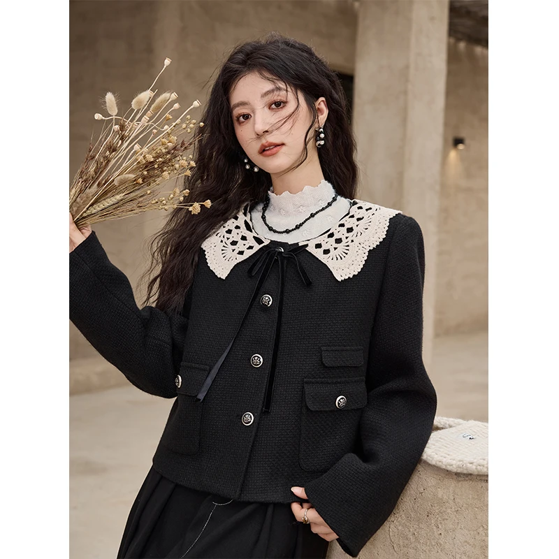 【直播专属】谜秀娃娃领短外套气质黑色灯芯短外套MXD34W0516