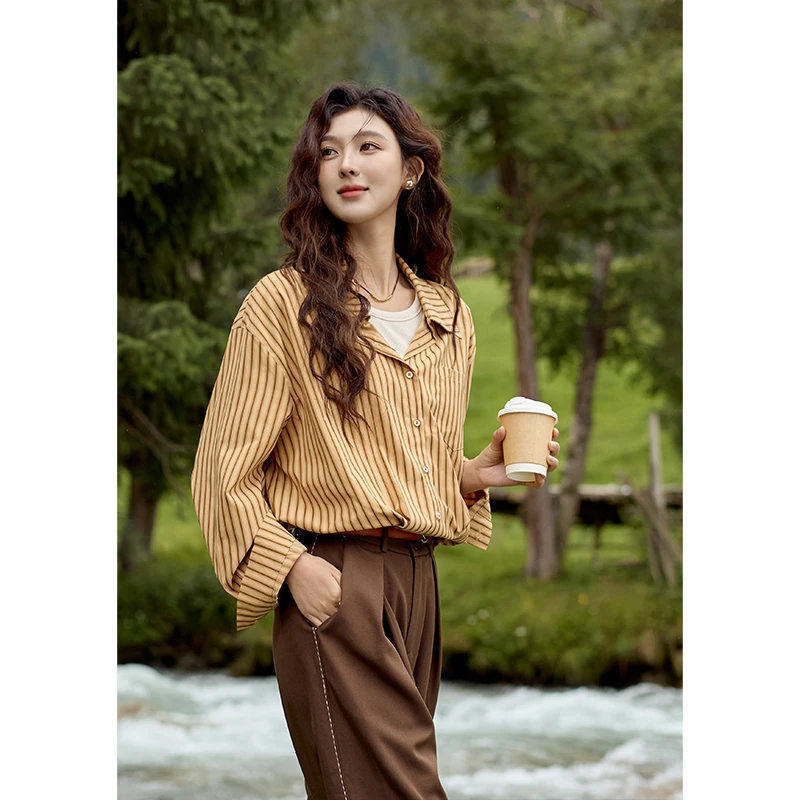 【艾美专属】谜秀宽松翻领竖条纹衬衫慵懒V领小个子衬衣MXD43C0303