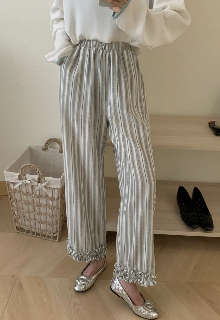 港风木耳边撞色条纹阔腿裤女秋季气质宽松直筒裤1751