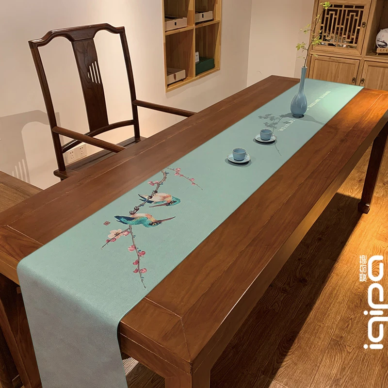 《梅花翠鸟》家用款客厅桌布茶桌桌旗新中式禅意茶席防水茶旗青色