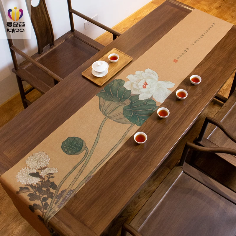 爱奇葩白荷秋菊图布置简约高级中式高端禅意古朴防水茶桌垫布
