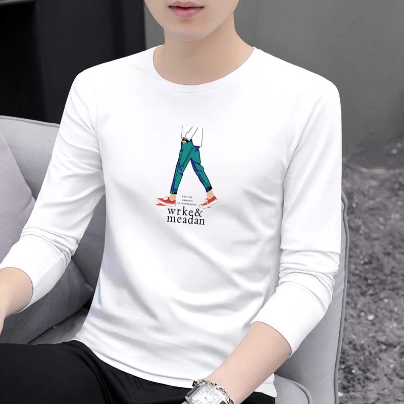 春秋季白色长袖T恤男潮流印花百搭圆领休闲秋衣服内搭男装打底衫