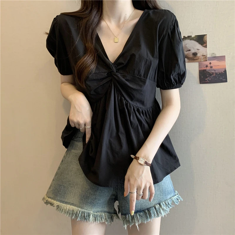 法式泡泡短袖v领雪纺衬衫女夏装大码胖妹妹遮肚子显瘦娃娃衫上衣