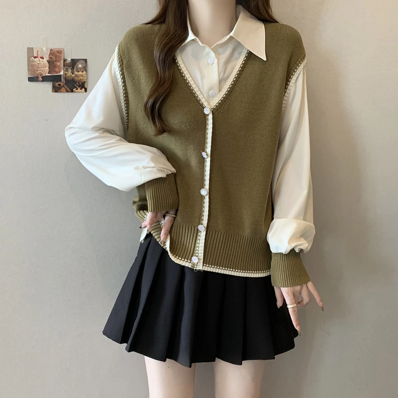 小香风针织马甲拼接假两件polo领衬衫女秋装大码胖mm显瘦百搭上衣