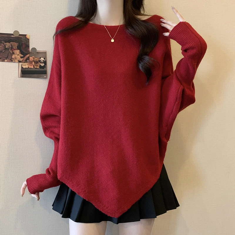 不规则蝙蝠袖套头针织衫毛衣秋冬大码女装胖mm显瘦宽松慵懒风上衣
