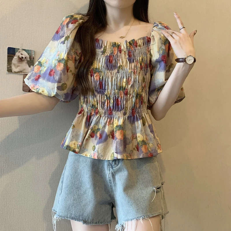 一字肩方领泡泡袖碎花衬衫女夏装大码胖mm遮肚子显瘦收腰小衫上衣