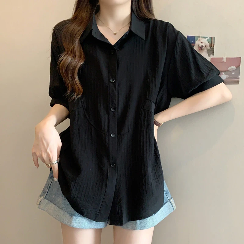 大码女装设计感polo领短袖衬衫胖mm遮肚子显瘦宽松百搭减龄上衣女