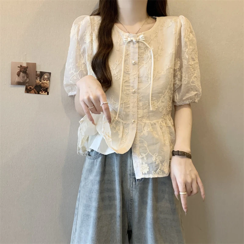 大码女装新中式国风盘扣短袖蕾丝花边衬衫夏季胖mm遮肚子显瘦上衣