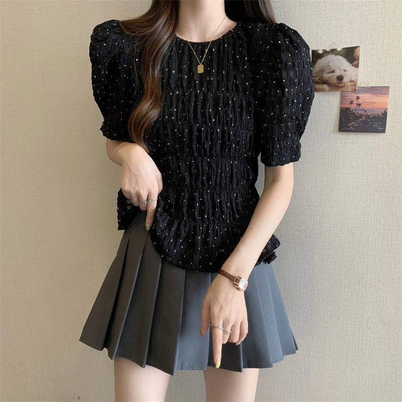 设计感短袖衬衫女夏装大码微胖mm遮肚子显瘦收腰皱褶上衣洋气小衫