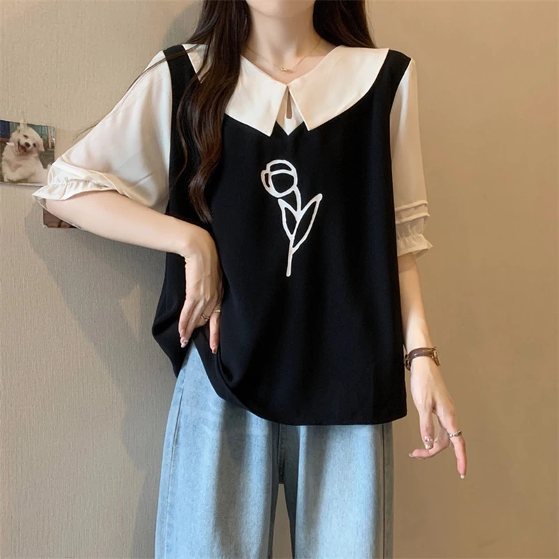 大码女装娃娃领衬衫假两件设计感上衣女夏季胖mm洋气减龄黑色衬衣