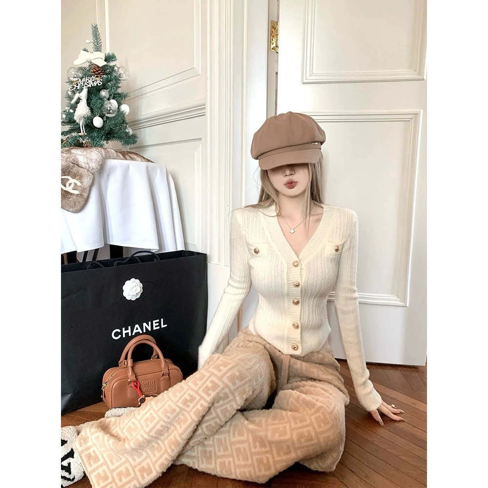 法式气质修身V领长袖针织衫春秋毛衣开衫外套女款2025新款爆款