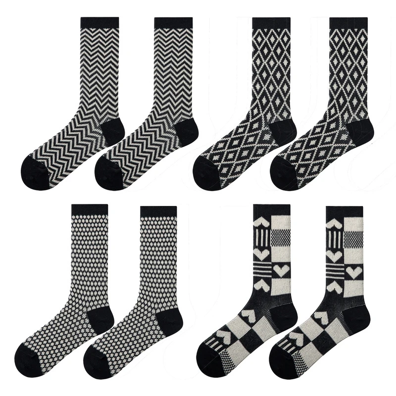 4双装秋冬中筒女袜网红爆款双针双路黑白拼色韩国棉袜子女潮流