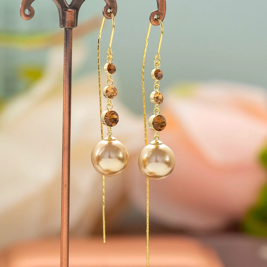 铜合金合成锆石耳饰 美拉德情定三生高级珠珠耳线时尚感长款1833