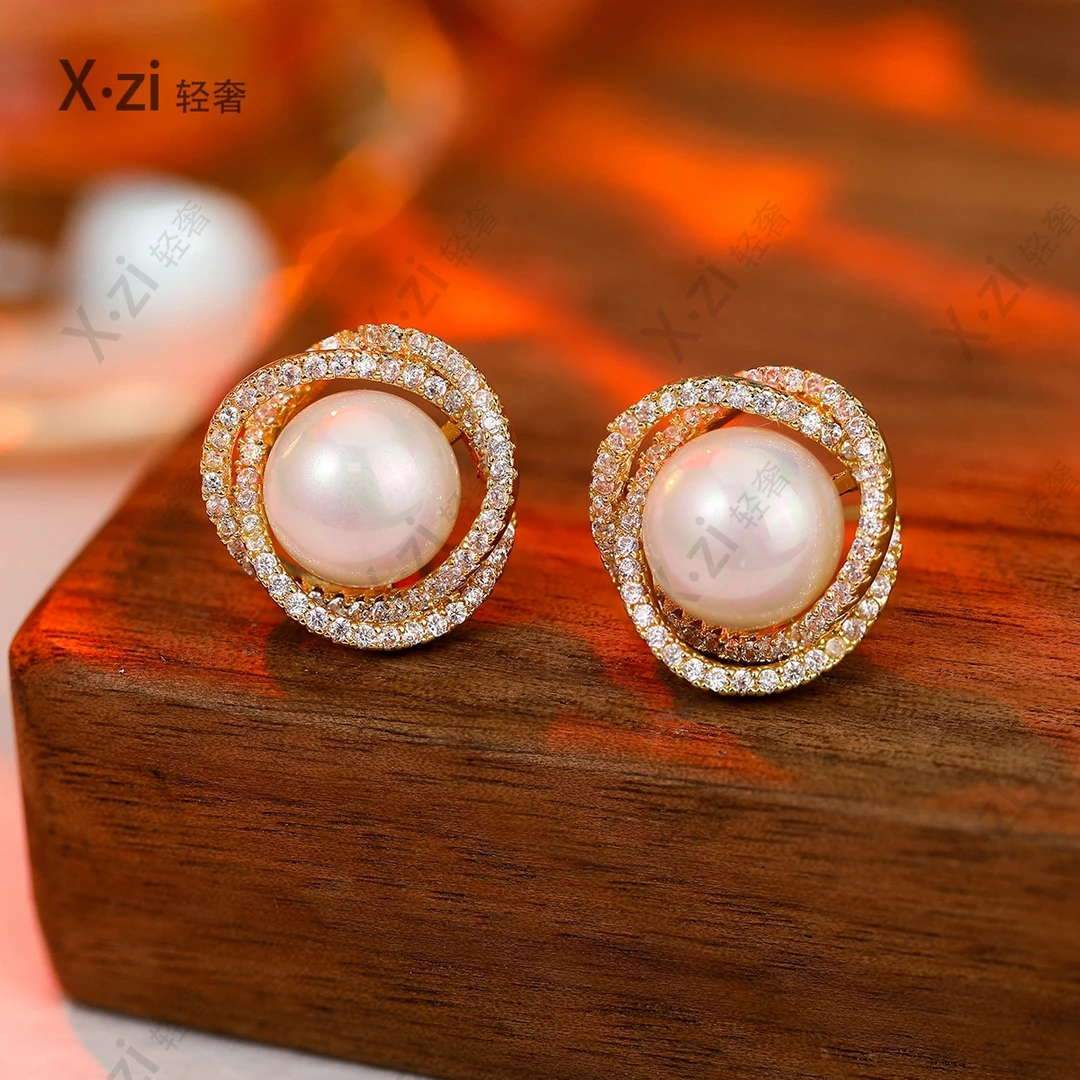 铜合金合成锆石耳饰 【珠花】经典满钻花朵珠珠耳钉时尚耳环1512