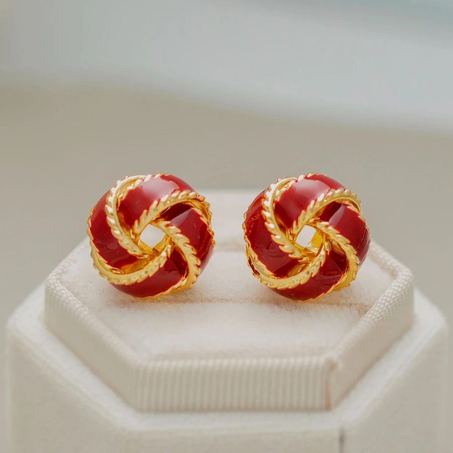 铜合金合成锆石耳饰 小香风流行红色风车轻奢耳钉法式小耳环1251