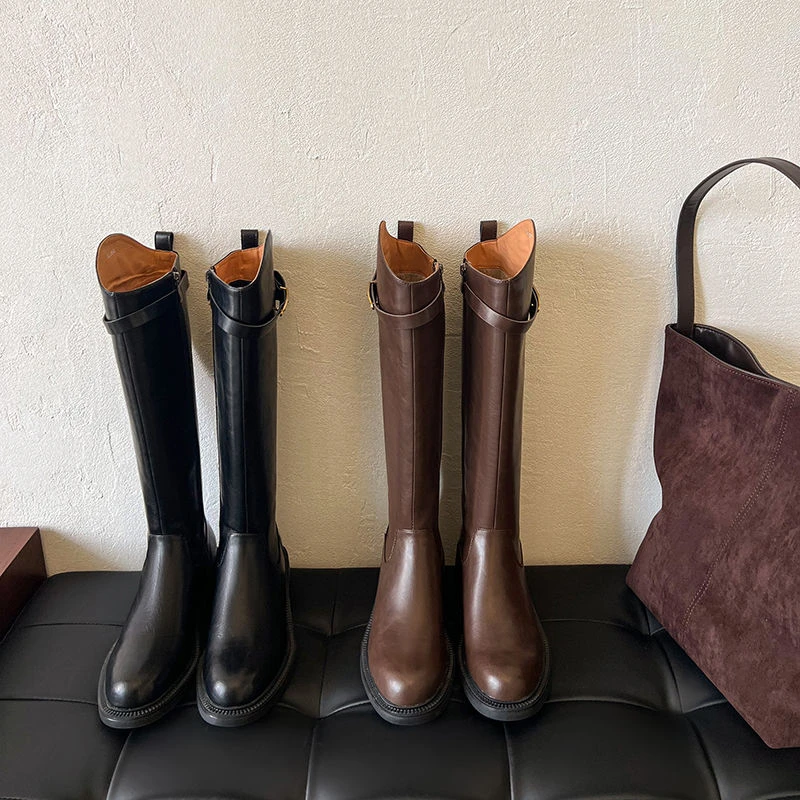 跟高4.5cm/33-40/复古皮带扣设计秋冬季新款圆头粗跟不过膝骑士靴