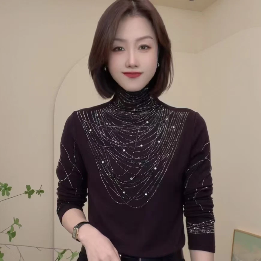 秋冬新款半高领洋气烫钻T恤时尚百搭设计感长袖气质简约女士小衫