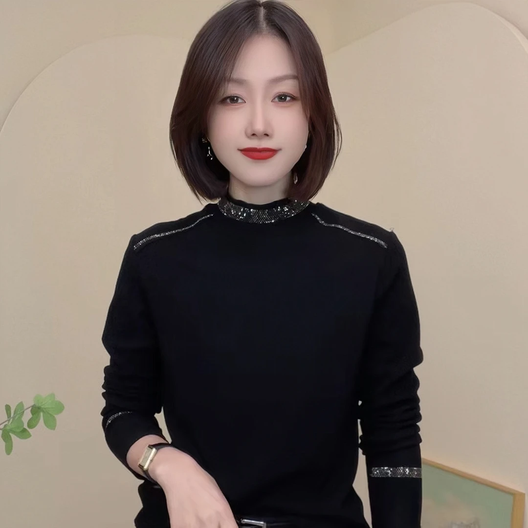 秋冬新款半高领纯色百搭烫钻长袖休闲T恤气质女修身小衫妈妈装