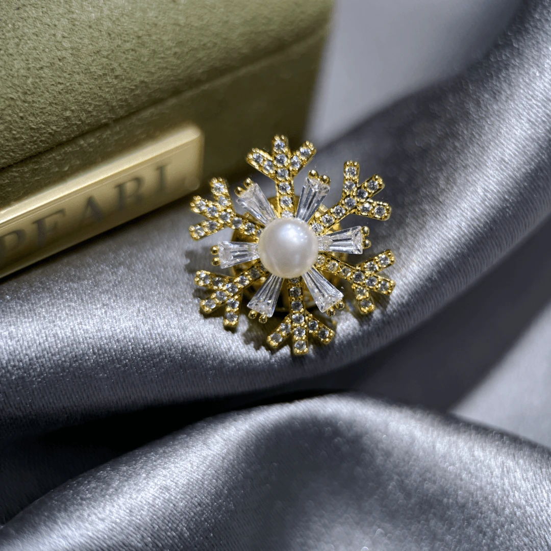 淡水无核珍珠胸针5-6mm金色雪花防走光领扣经典款