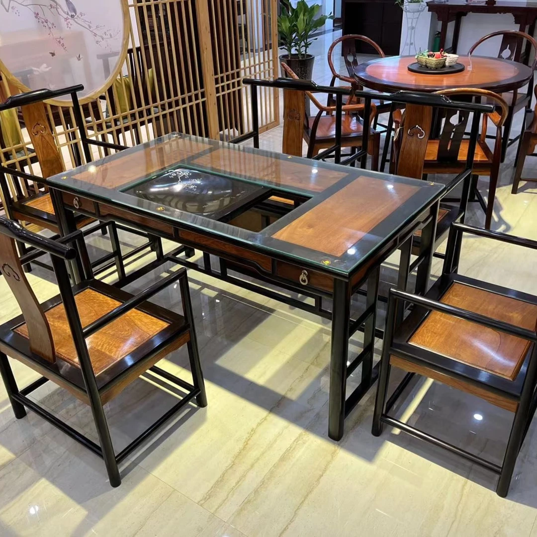 东方古典大果紫檀镶嵌紫光檀泡茶桌六件套 厂家直销成套家具品牌