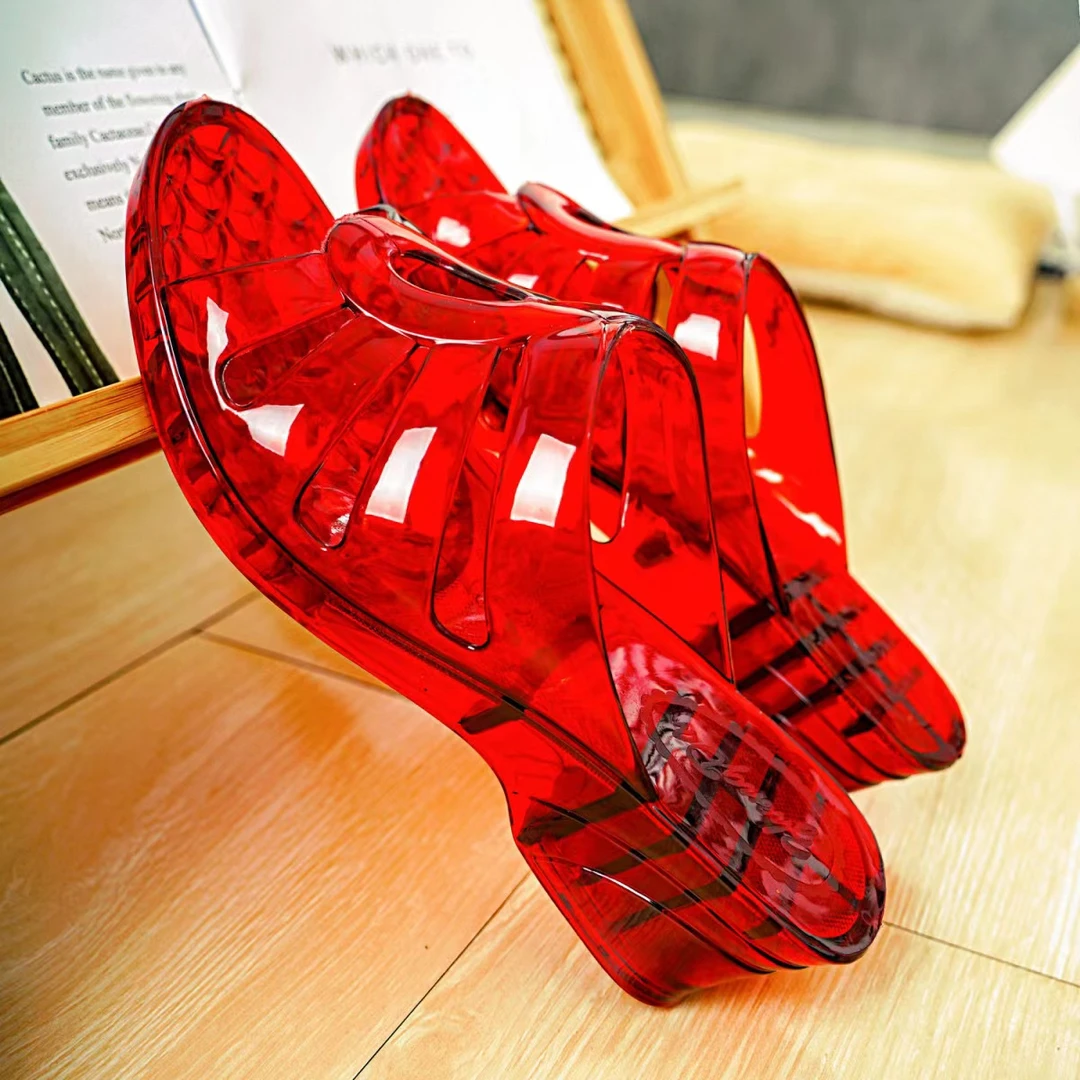 中跟厚底耐磨透气防滑防水妈妈拖鞋透明镂空浴室洗澡水晶女拖鞋