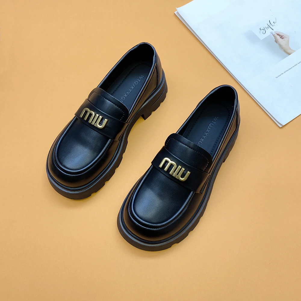 春秋厚底乐福鞋黑色百搭真皮软底女鞋英伦风粗跟一脚蹬小皮鞋女鞋