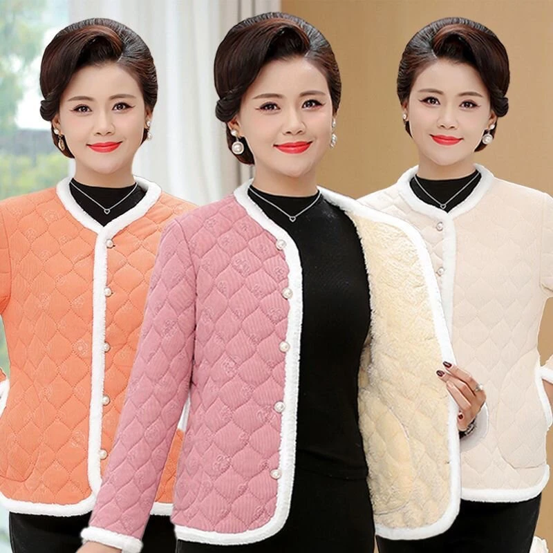 2024欧棉绒新款小香风秋冬季外套短款妈妈宽松棉衣外穿圆领 三层