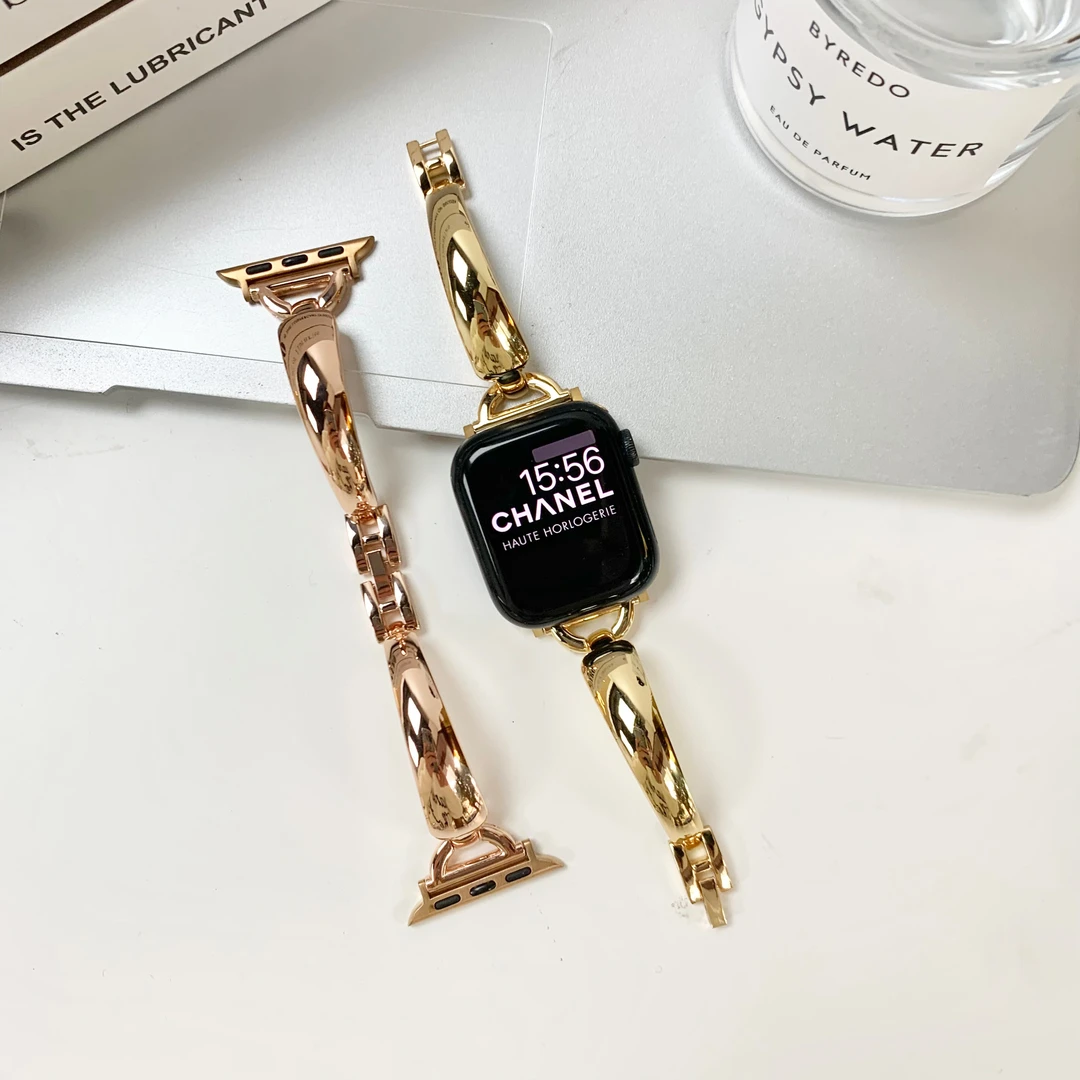 时瑞 金属手镯式适用iwatch表带S9苹果手表表带SE876高级感女银色