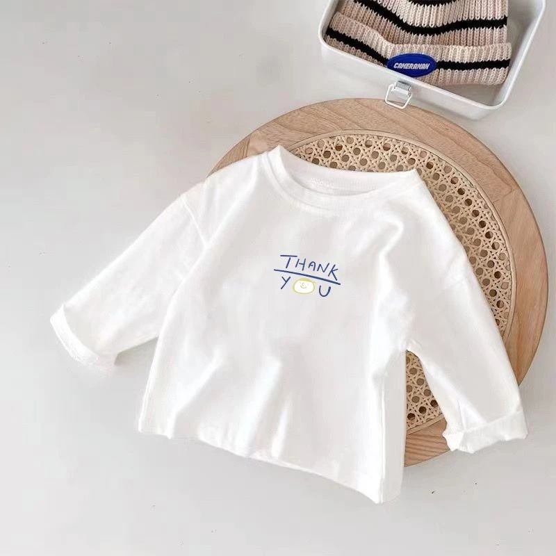 纯棉新款春秋童装男女童长袖白色洋气打底衫中小童百搭纯棉上衣潮