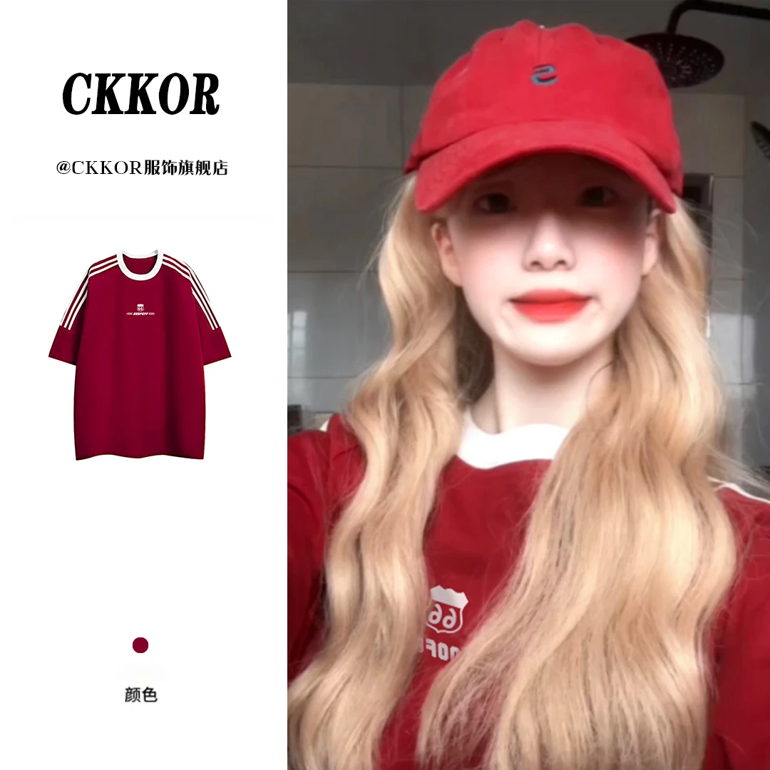 CKKOR美式时尚潮流红色三杠短袖t恤女休闲百搭学生宽松款上衣-127