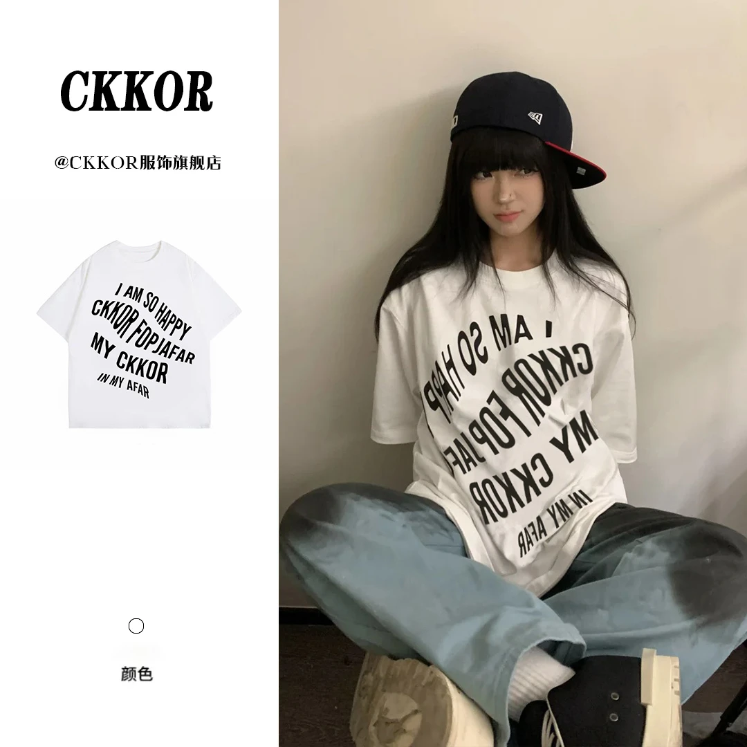 CKKOR美式印花时尚设计感短袖上衣夏季新款宽松休闲百搭短袖t恤女