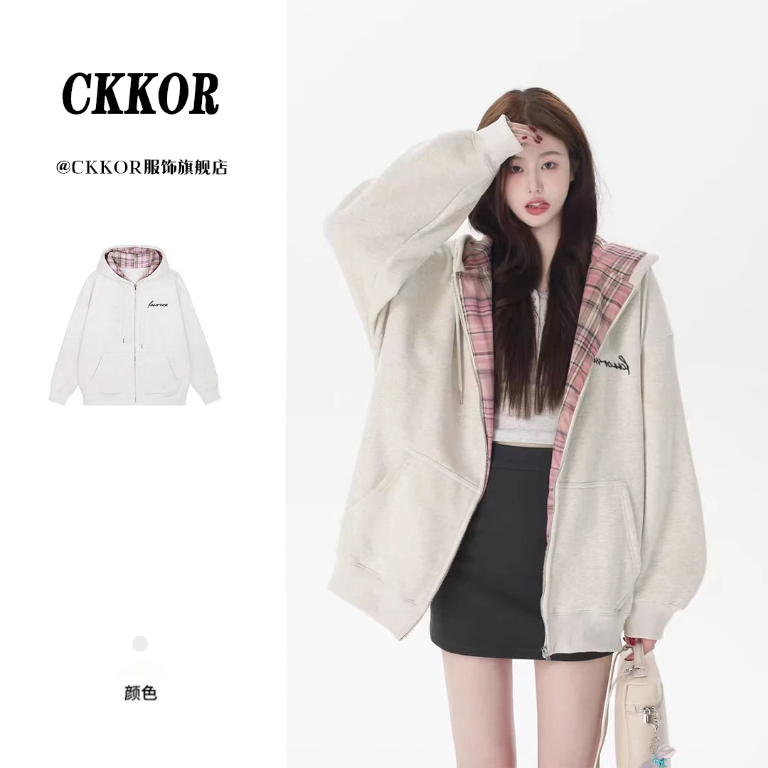 CKKOR秋冬遮屁股拉链外套女美式格子慵懒风卫衣连帽衫上衣女228#T
