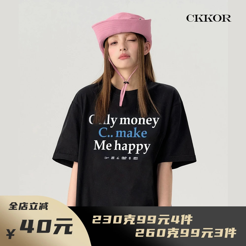 CKKOR黑色慵懒风短袖t恤女时尚休闲百搭宽松印花复古风设计感上衣