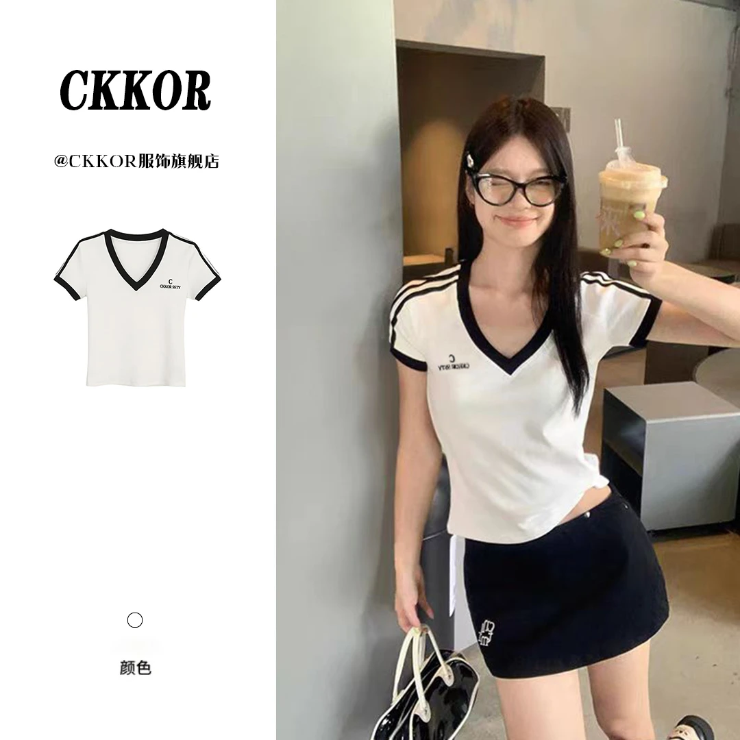 CKKOR夏季新款美式辣妹时尚V领短袖t恤女ins字母印花修身显瘦上衣