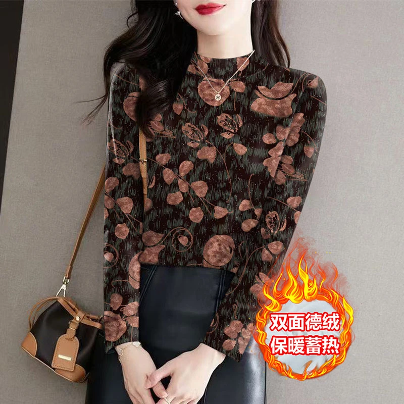 秋冬保暖双面德绒打底衫女士长袖半高领洋气印花时尚修身外穿上衣