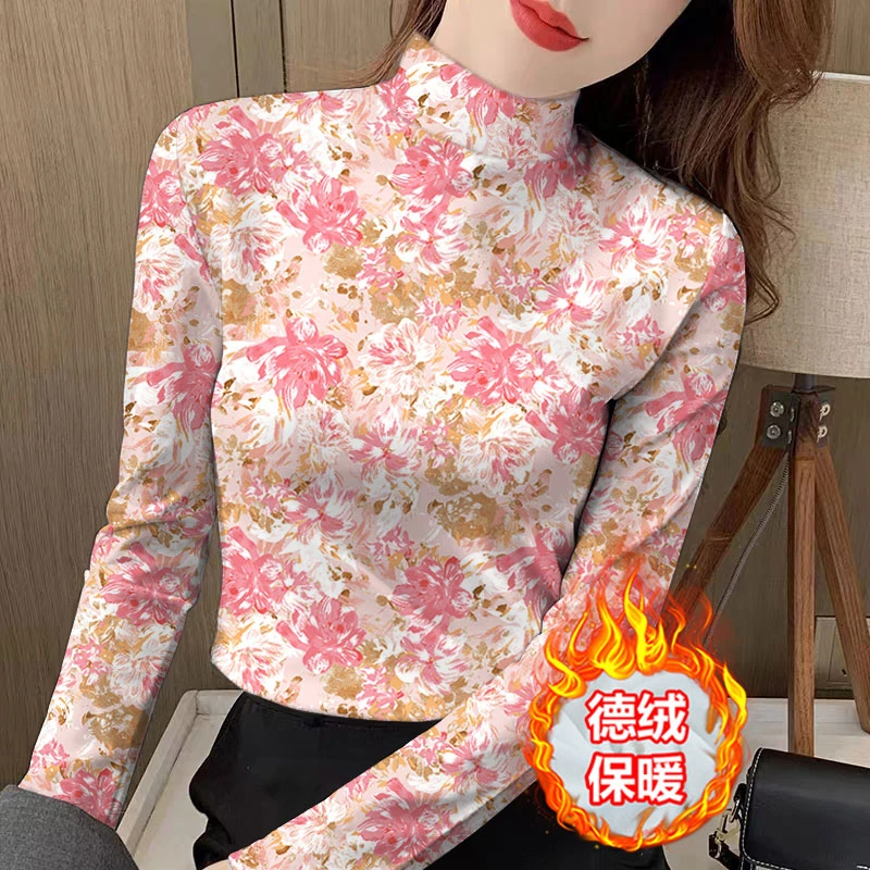 气质双面德绒秋冬女士长袖t恤半高领印花打底衫蓄热保暖碎花显瘦