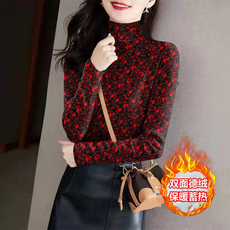 冬季高领打底衫女双面德绒保暖长袖碎花上衣妈妈蓄热显瘦气质印花