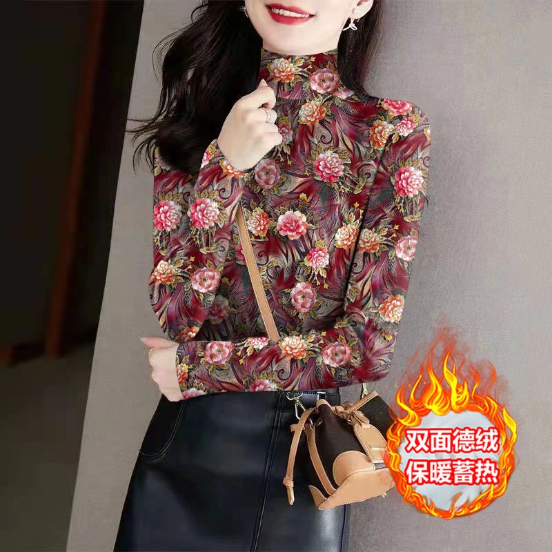 秋冬高领德绒保暖打底衫长袖洋气妈妈装复古印花气质T恤高档蓄热