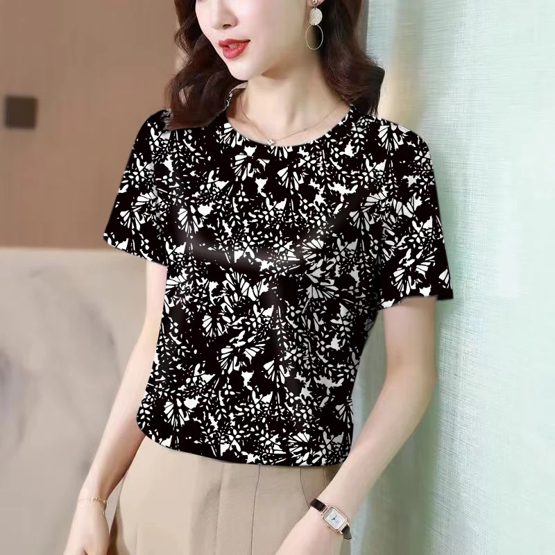 夏季新款大码短袖t恤女碎花气质上衣宽松妈妈减龄显瘦洋气外穿女