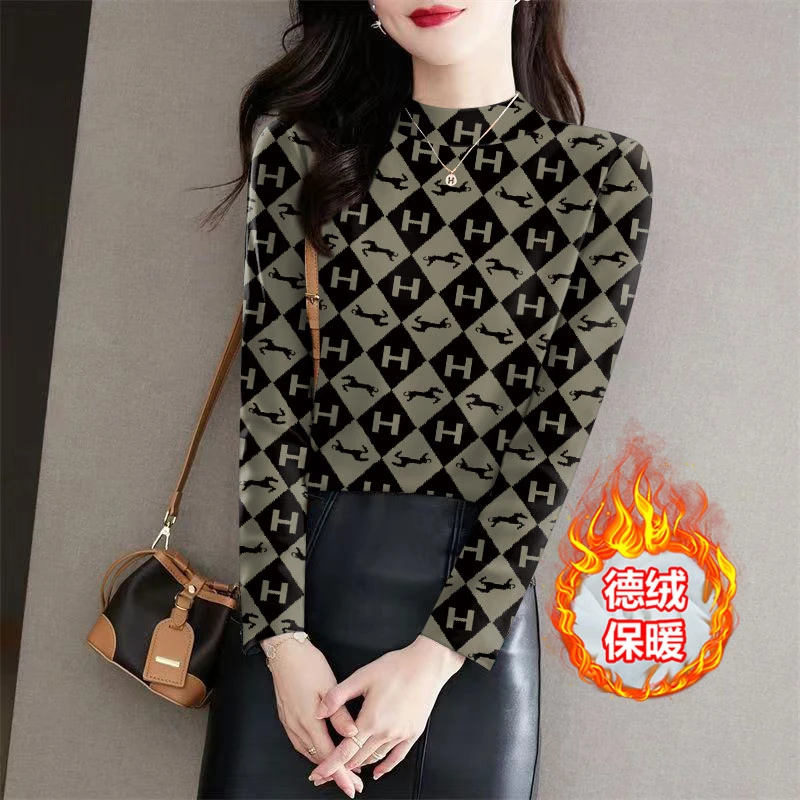 秋冬半高领保暖长袖打底衫时尚双面德绒洋气格子印花显瘦百搭外穿