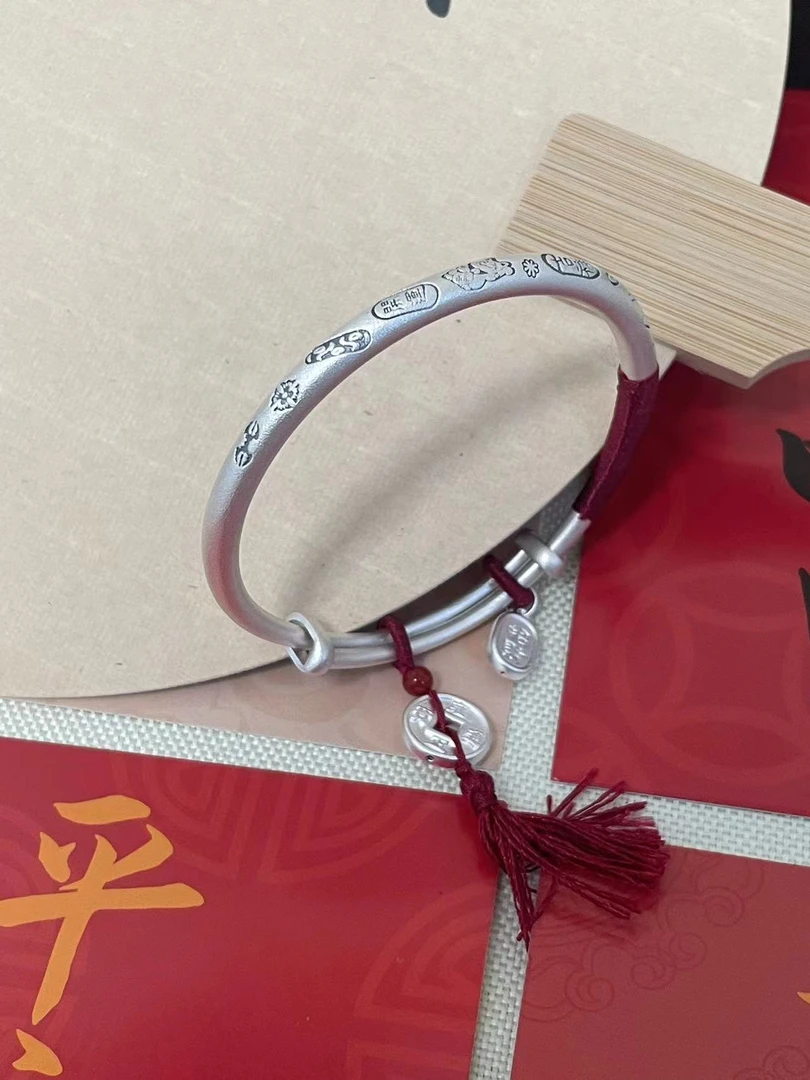 足银手镯 999.9【平安喜乐】吉言手工儿童宝宝实心礼物送女友