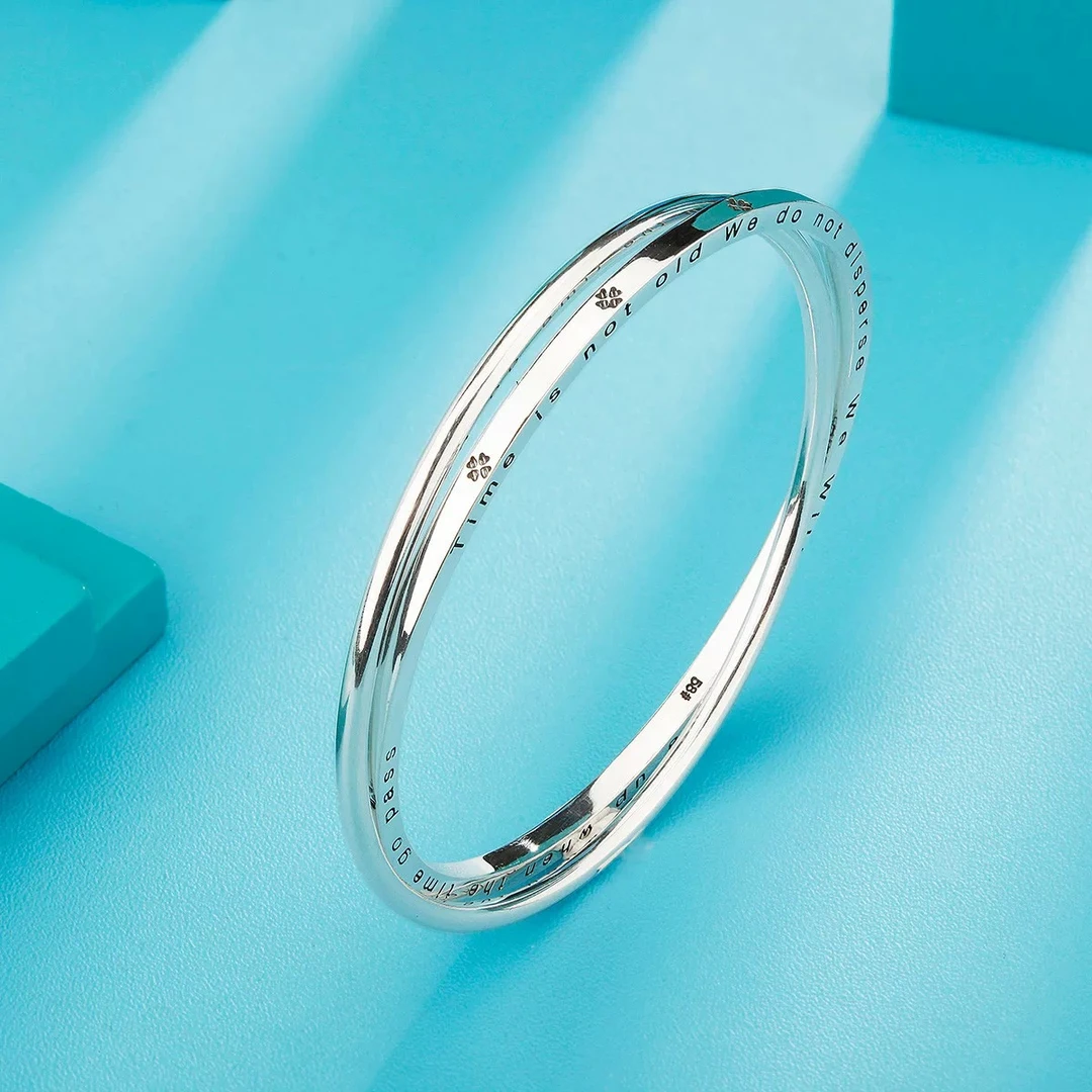 足银手镯 足银999.9【双环四叶草】素圈闭口银色年轻七夕银手镯