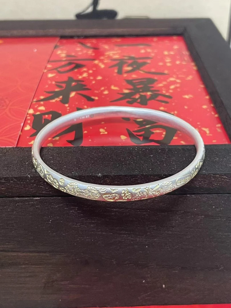 足银手镯 999.9【手工吉言招财猫纯银手镯】古风宽面时尚复古宫廷风