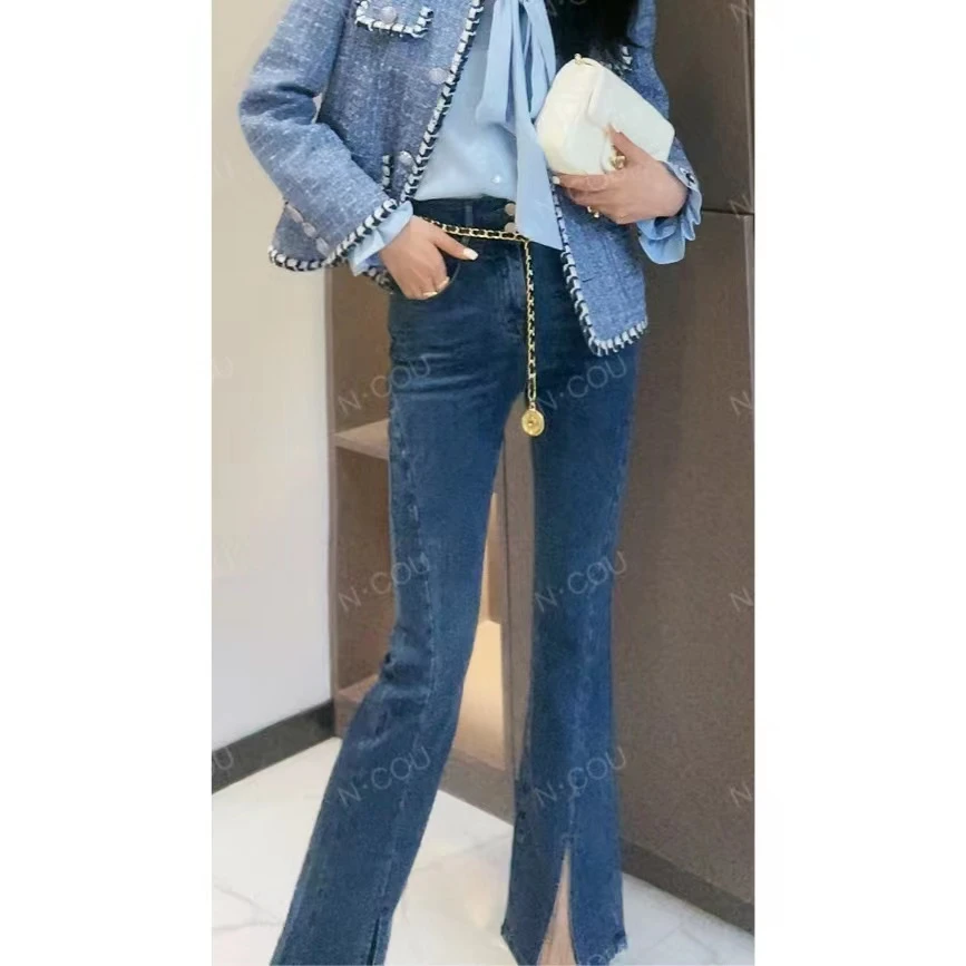 【N·COU】22秋新款  【拉腿神器】时尚显瘦开叉牛仔裤-DY5128