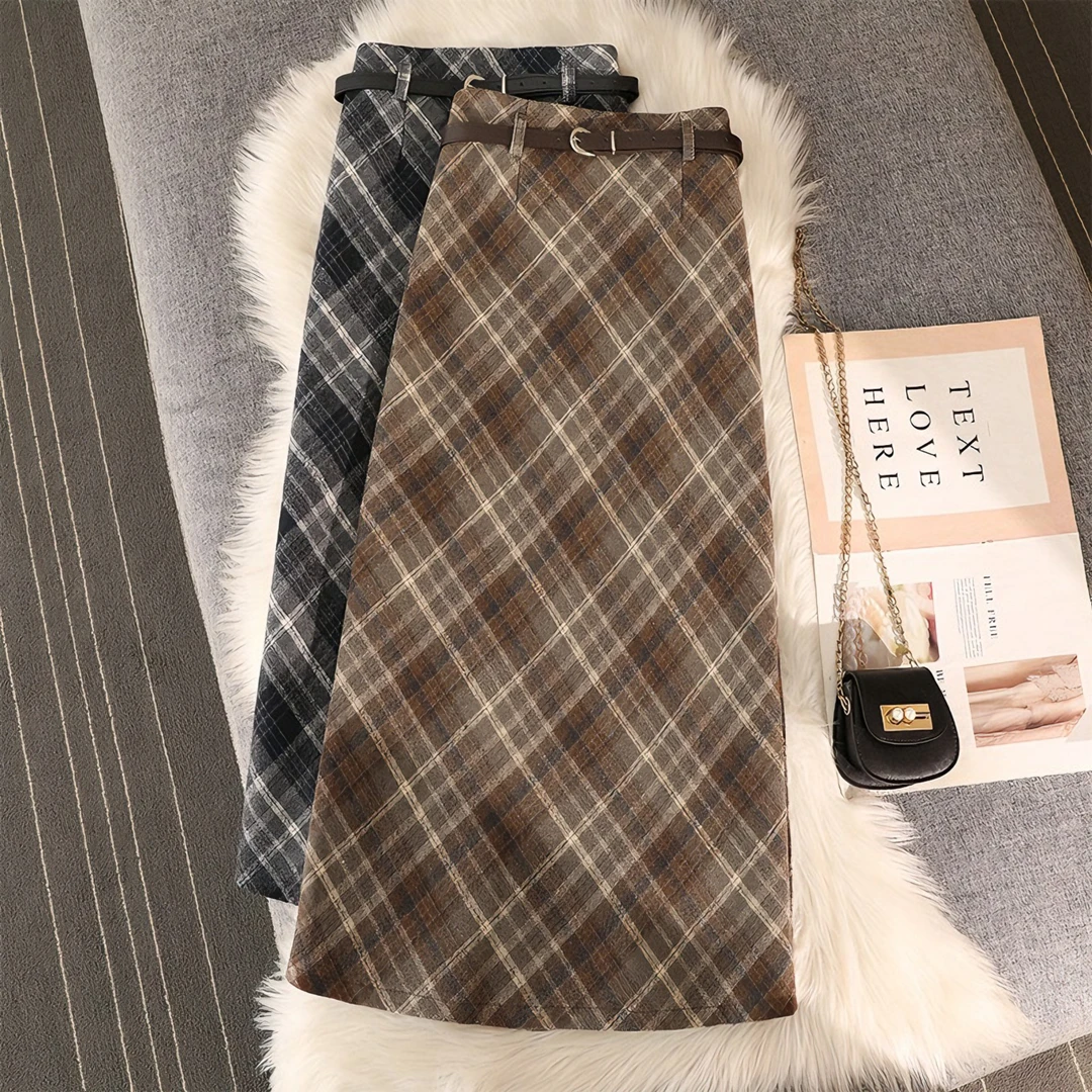 【现货+运费险】百搭格子半身裙女2025秋季高腰显瘦包臀毛呢长裙子