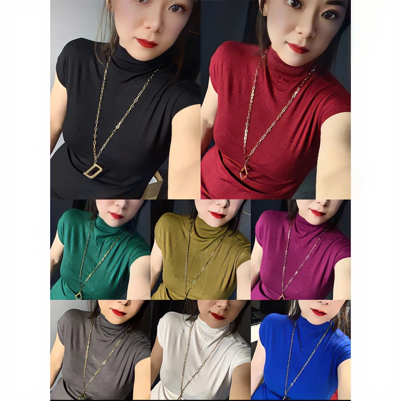 网红早秋半高领短袖纯色修身显瘦T恤2024新款洋气百搭微胖打底衫