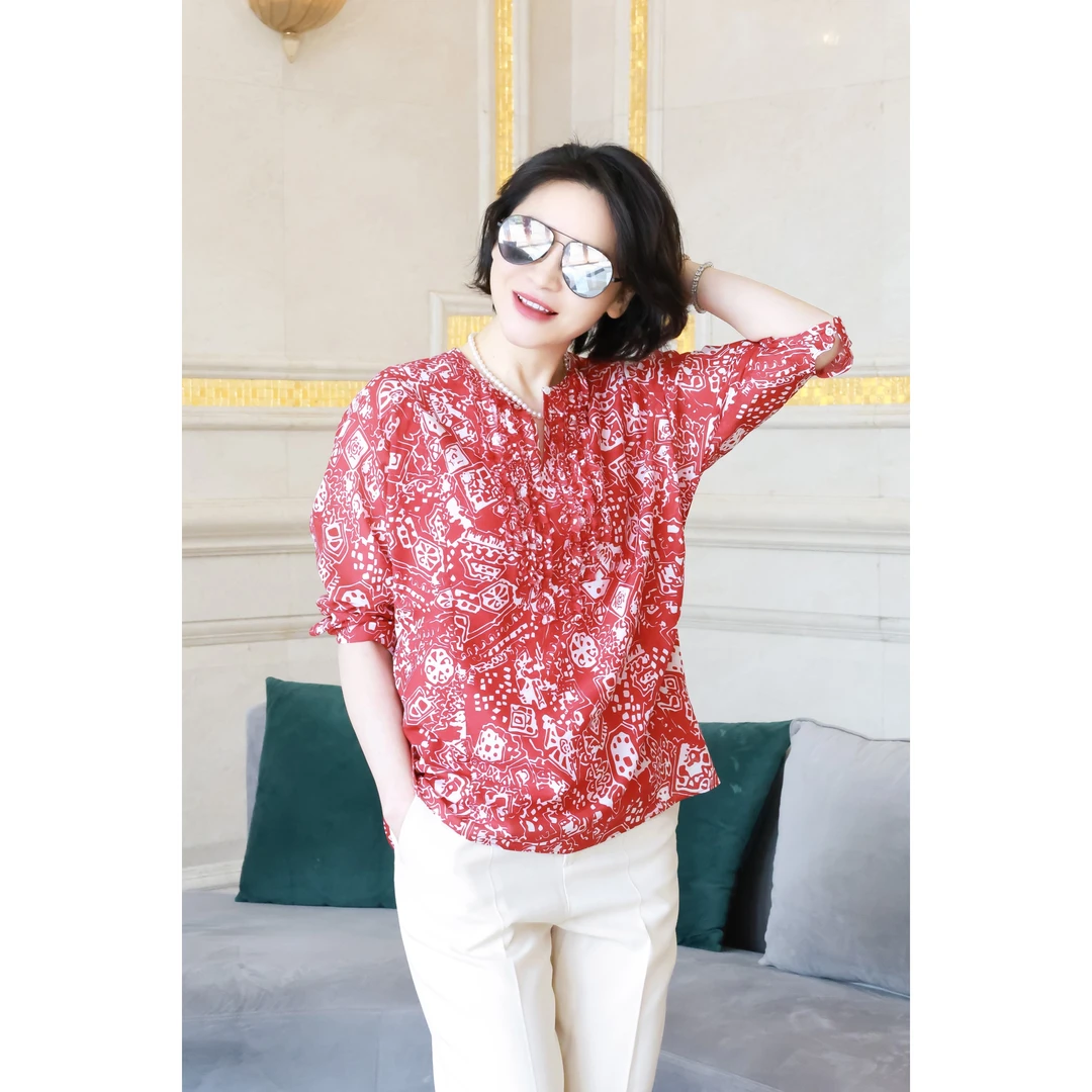 我是摩羯 迷宫印花小衫  6A级桑蚕丝棉A型蝙蝠袖圆领宽松衬衫上衣